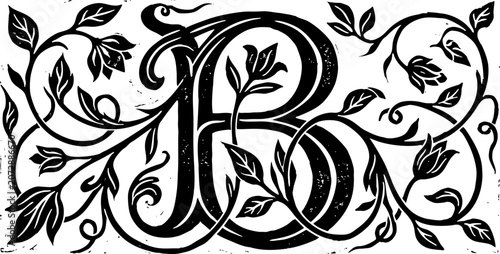 Vintage Ornamental Letter B with Floral Woodcut Design