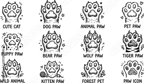 Canvas Print Hand drawn vintage style animal paw print icons set featuring dog cat bear wolf