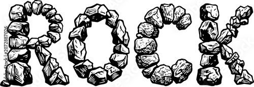 Hand-Drawn ROCK Word Illustration Made of Stone Blocks