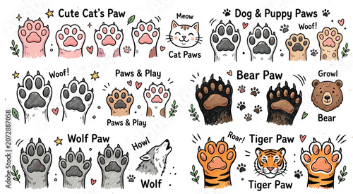 Photography Cute hand drawn animal paws collection featuring cat dog wolf bear and tiger foo