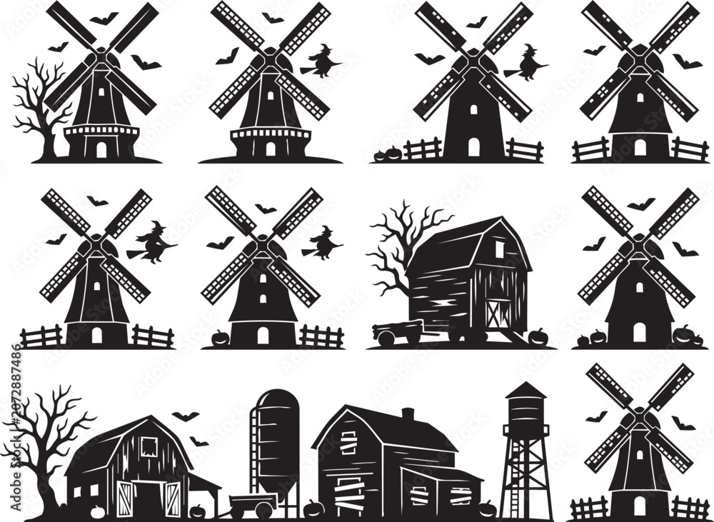 Fototapeta premium Premium Halloween Windmill Collection Featuring Rural Landscapes Traditional Mills And Seasonal Countryside Assets