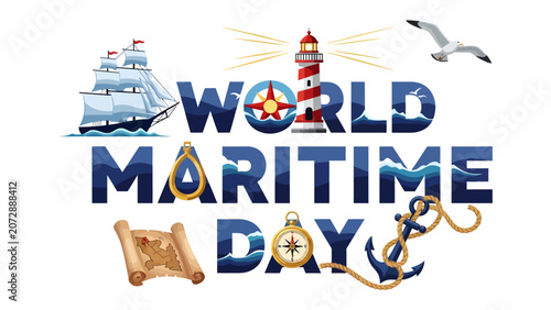 Photos World Maritime Day Celebration: A vibrant illustration for World Maritime Day, featuring a majestic sailing ship, a guiding lighthouse, and nautical symbols like an anchor, compass, and scroll