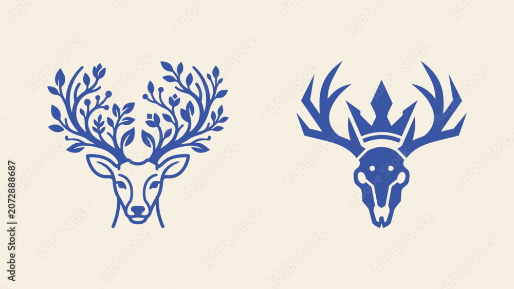 Fototapeta premium Deer head vector icons featuring floral branch antlers and a skull with a crown for branding and logo design