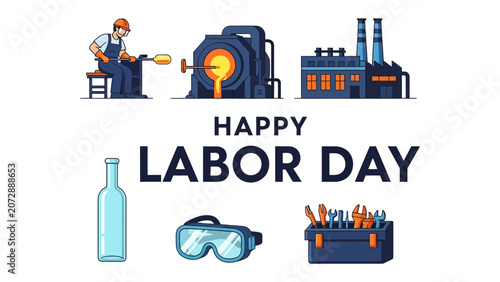 Canvas Print Happy Labor Day: A stylized illustration celebrating Labor Day, showcasing a glassblower at work, a furnace, industrial buildings, a bottle, safety goggles, and a toolbox filled with tools