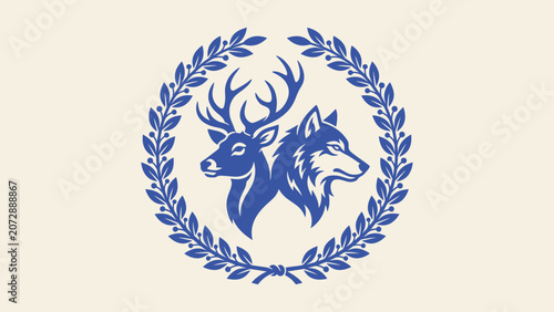 Fotografi Heraldic vector emblem with deer and wolf heads enclosed in a circular laurel wr