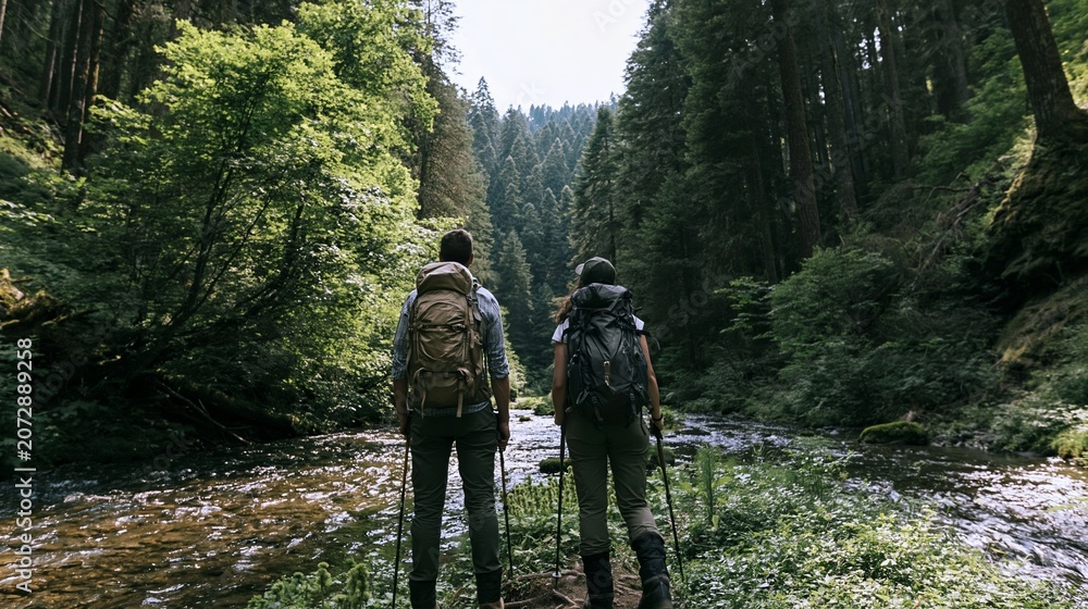 Obraz premium Two hikers with backpacks and trekking poles standing by a forest stream, exploring green woodland trail