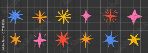 Paper notebook grid cut out scrapbook collage, stickers star set on dark background. Crayon textured elements on grid paper. Scribble doodle cutout torn edges. 