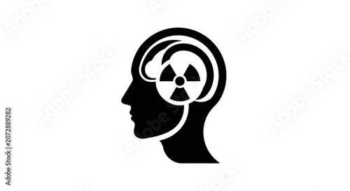 Silhouette head with radiation symbol inside depicting mental hazard