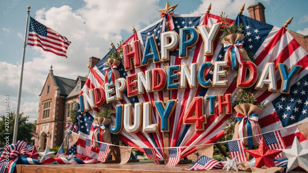 Fototapeta premium Festive Independence Day July 4th outdoor display featuring American flags and decorative ribbons