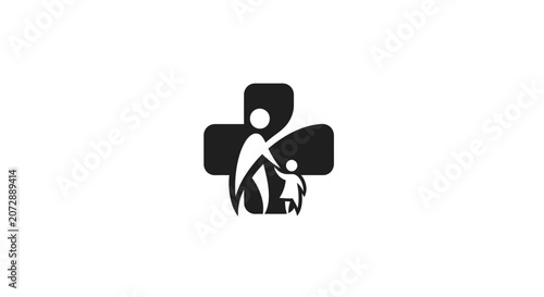 Medical care symbol parent and child silhouette in a cross shape