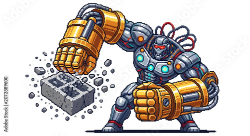 Foto Powerful Robot Warrior Smashing Concrete Block with Force.