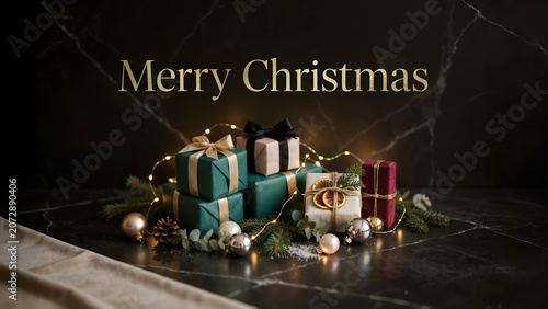Merry christmas greeting with wrapped gifts on black marble surface