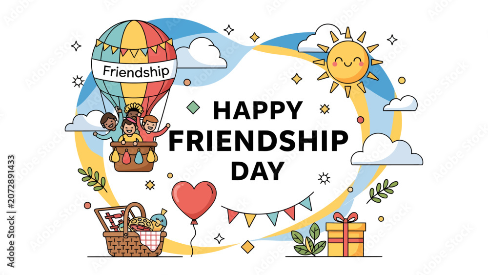 Naklejka premium Friendship Day Celebration Illustration: A vibrant illustration depicting a hot air balloon with Friendship inscribed on it, carrying smiling friends, a red heart balloon, a picnic basket, a gift.