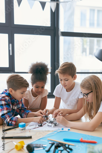 Diverse children building robotics kit in stem education class, learning coding and engineering skills teamwork concept