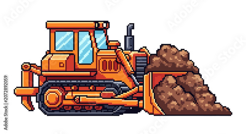 Schilderij op canvas Pixel Art Bulldozer Pushing Dirt Pile Construction Machine.