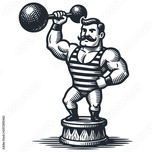 Vector engraving illustration of a vintage strongman lifting a heavy barbell. Retro circus muscular athlete character standing on a pedestal.