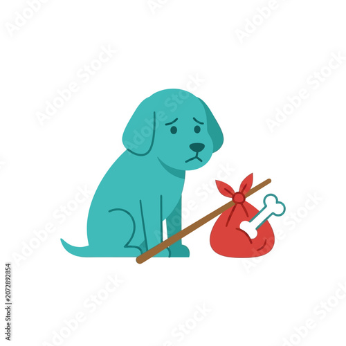 Fotografia A sad teal puppy sitting next to a bindle with a bone, looking lost and dejected on a white background