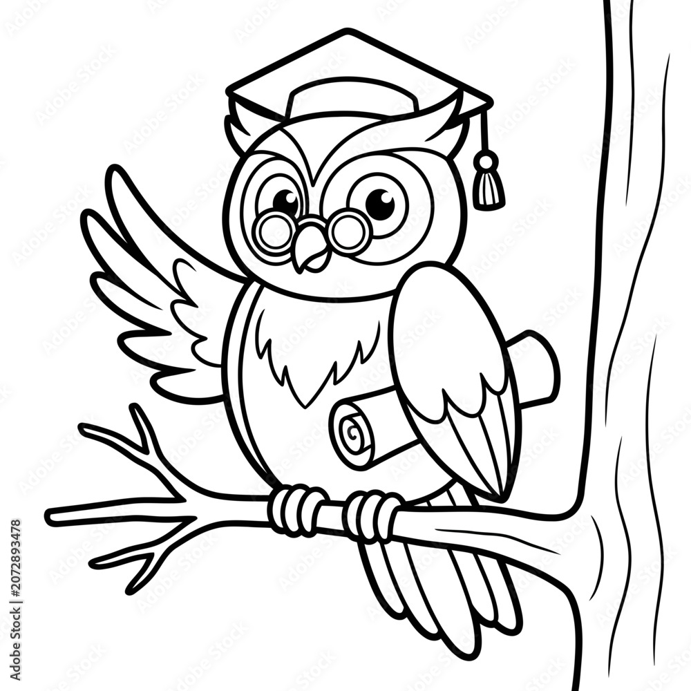 Obraz premium Cartoon owl graduate with scroll perched on branch black and white
