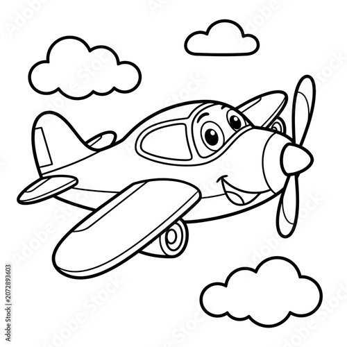 Cartoon airplane with smiling face flying among clouds black and white line art