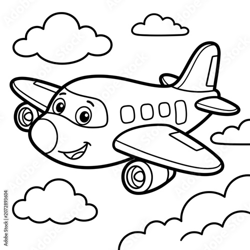 Smiling airplane flying through clouds