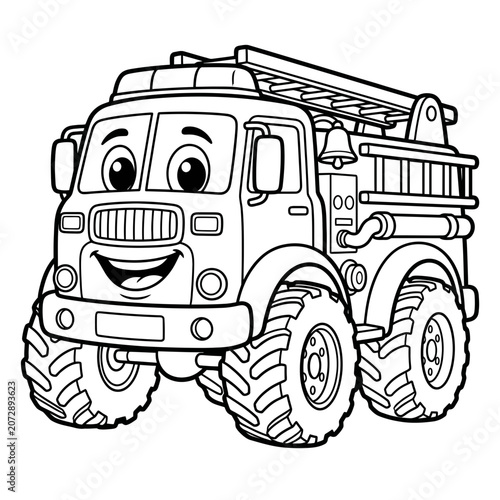 Smiling cartoon fire truck with big wheels and ladder