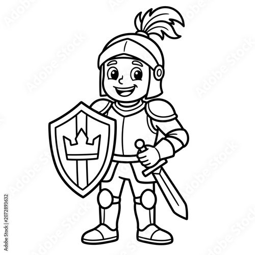 Smiling knight cartoon character holding shield and sword