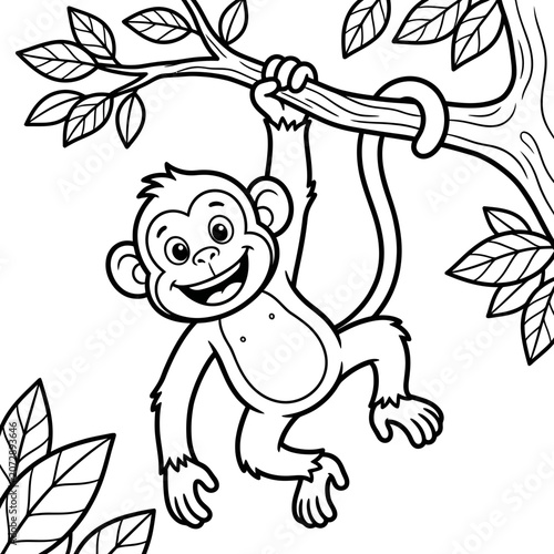 Cartoon monkey hanging from branch black and white line art illustration