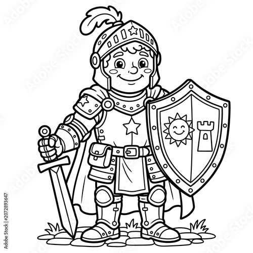 Little knight in armor holding sword and shield