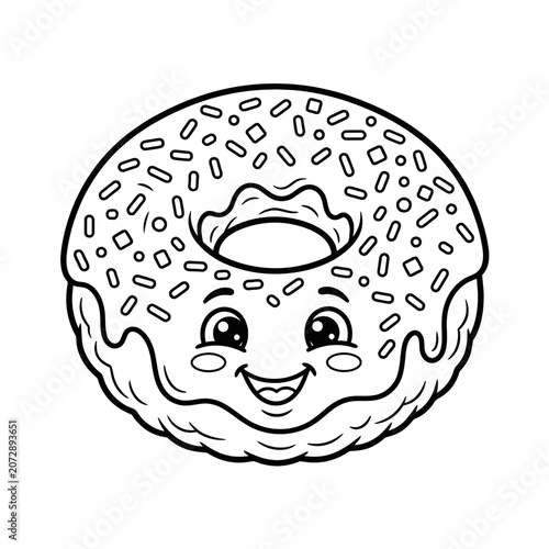 Cute cartoon donut face with sprinkles black and white line art