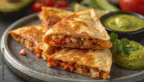Close up baked chicken and cheese quesadillas served with salsa and guacamole on stone plate
