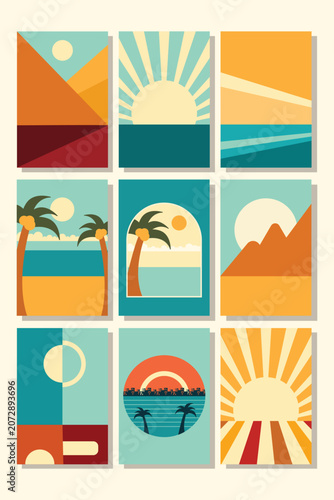 A grid displays nine minimalist flat design illustrations, each depicting a unique summer landscape. Scenes include sunrises over oceans, abstract mountains, and beaches with palm trees.