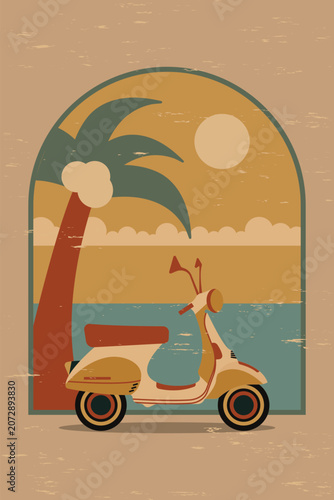 A retro-style illustration features a vintage scooter parked by a palm tree on a sunny tropical beach. The ocean lies beyond, under a bright sun, depicted within an arched frame.