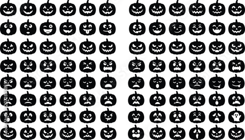 Silhouette of various Halloween pumpkin faces on white background