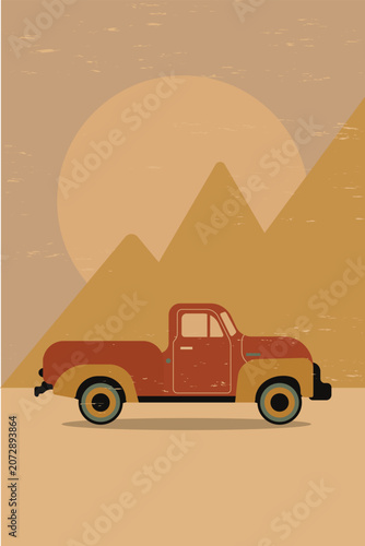 A vintage red and tan pickup truck stands in a stylized desert landscape. Sharp mountains rise under a large, warm sun, suggesting a sunset or sunrise.