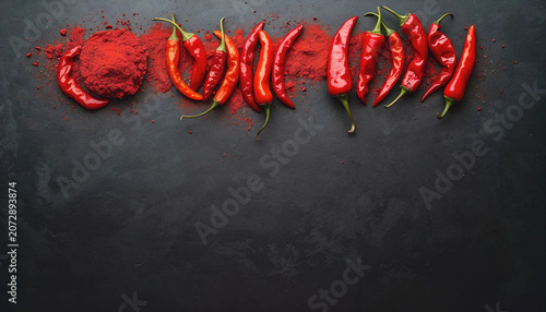 Flat lay composition with powdered and raw chili peppers on dark background, Space for text.