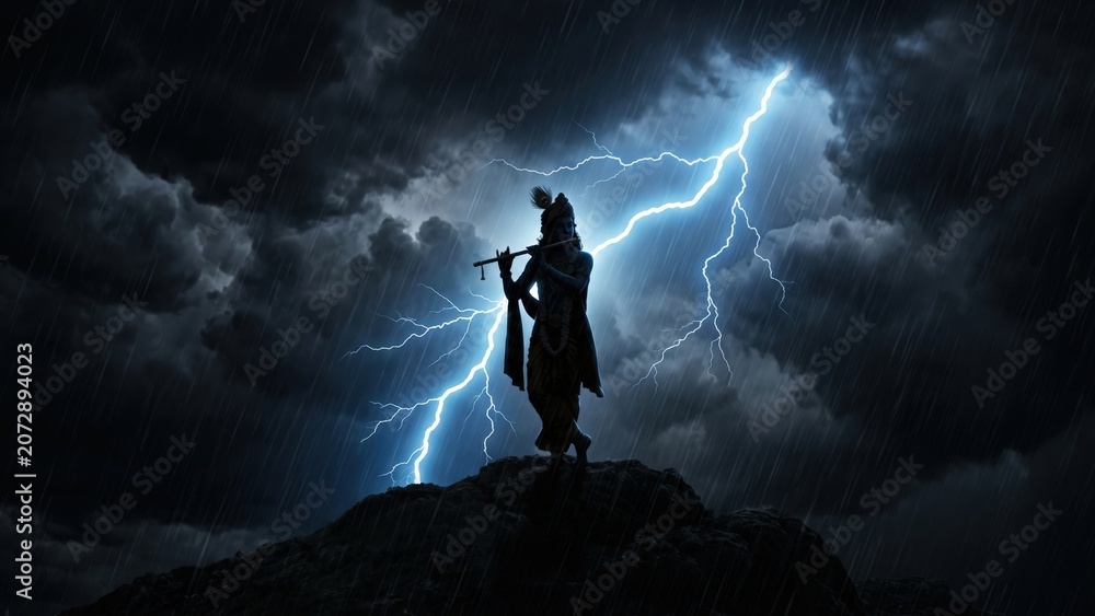 Fototapeta premium Krishna Lightning Silhouette – Divine Storm Power
