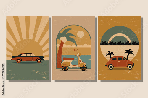Three retro cards depict classic vehicles and scenic travel. An old car sits under a sunburst. A vintage scooter rests by a palm tree and ocean. A small car parks with palm trees and a city skyline.
