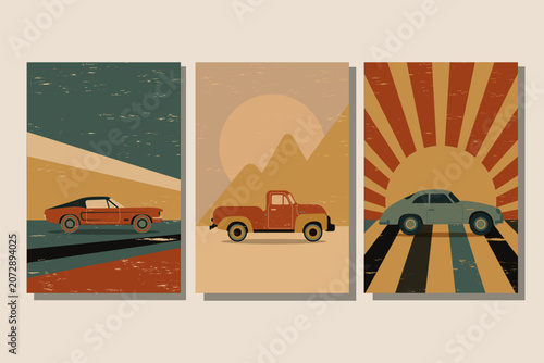 Three vintage vehicle art cards showcase classic cars and a truck.