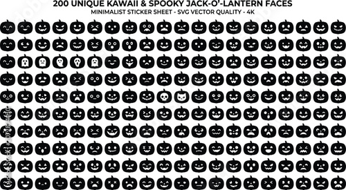 Silhouette of 200 Unique Kawaii and Spooky Jack-o-Lantern Faces