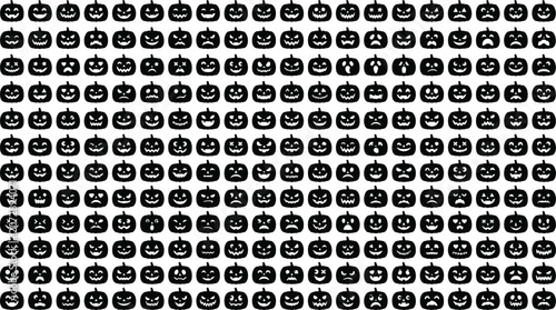 Silhouette of hundreds of scary black jack-o-lanterns on white background