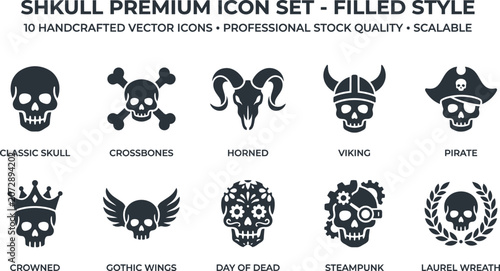 Silhouette of black skull icons in various styles for design