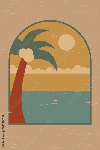 A stylized vintage illustration features a tall palm tree on a tropical beach. The blue ocean meets a warm sky with a shining sun and soft clouds. This arched scene evokes a retro travel poster.
