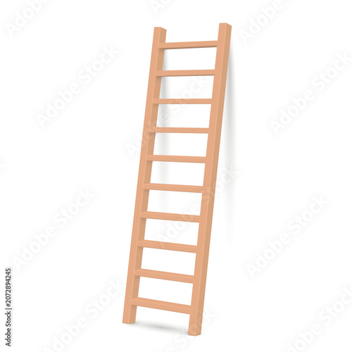 Wooden stepladder stands upright against a white background for construction and home use