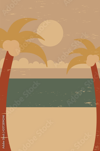 A simple vintage-style illustration of a calm tropical beach. Two palm trees frame a tranquil ocean under a large sun in the sky.