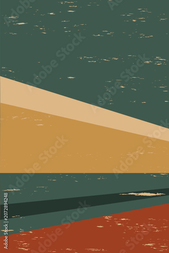 Abstract background design with layered geometric shapes in a vintage style. Deep teal, warm yellow, light cream, and terracotta colors combine with a distressed texture.