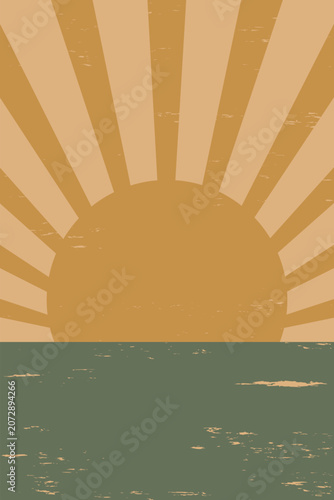 A vintage-style poster shows a golden sunburst with wide rays emerging over a calm, dark green ocean. The distressed texture gives it a retro feel, capturing a serene sunrise or sunset moment.