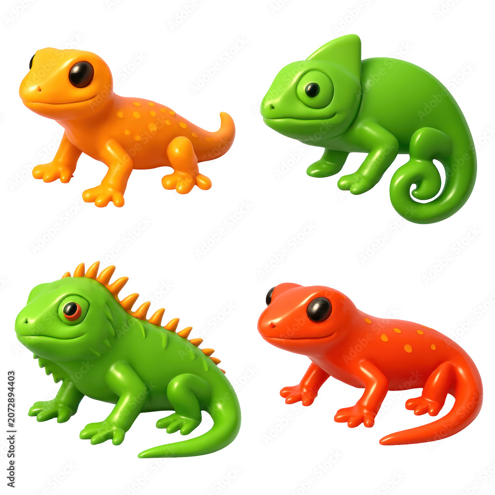 Fototapeta premium 3D Plastic Icon Style Lizards In Vibrant Colors Orange Green And Red Displayed Against A Transparent Background