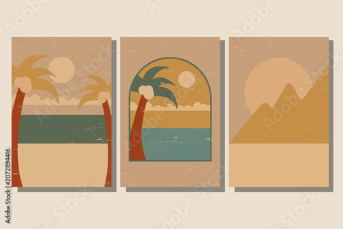 Three distressed cards display abstract landscapes. Two feature beaches with palm trees and a sun, one framed by an arch. The third shows mountains under a large sun, all in warm, earthy tones.