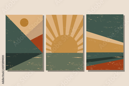 Three vintage abstract posters depict stylized natural landscapes. Geometric shapes in earthy tones show mountains, sun, and sea, creating a retro bohemian wall art collection.
