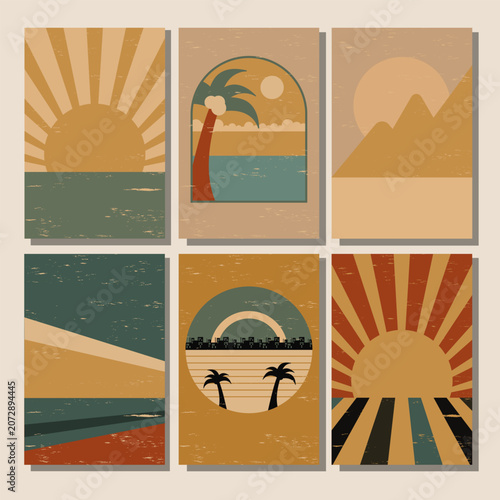 Six vintage abstract nature posters are arranged in a grid pattern. Each card features distressed textures with designs showing sunrises, sunsets, oceans, palm trees, and mountains.